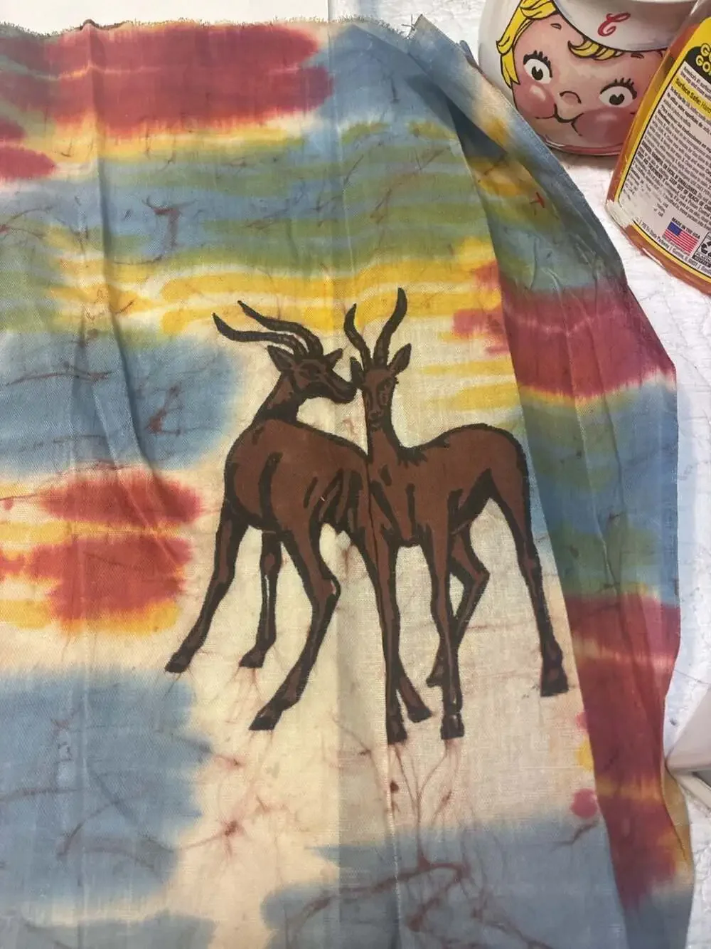Vintage Hand-Dyed African Batik Fabric Wall Hanging with Antelope Motif